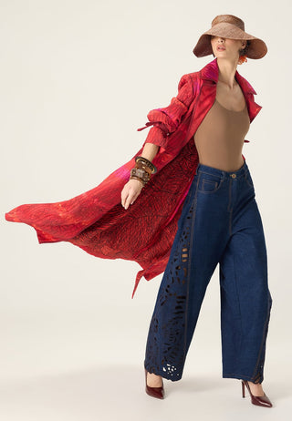 Clover red printed trench with bex blue jeans