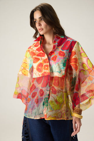 Bellamy multicolor printed shirt with bex blue jeans