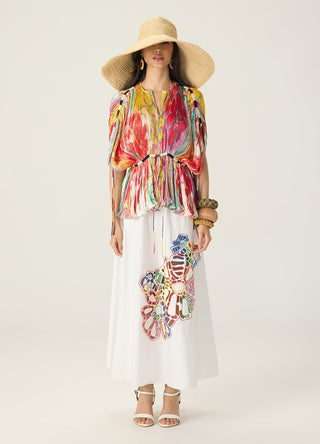 Monica multicolor printed blouse with skirt