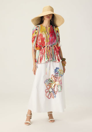 Monica multicolor printed blouse with skirt