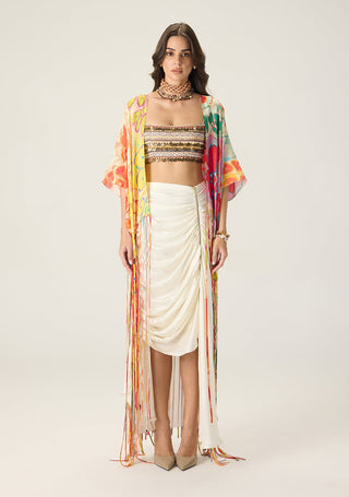 Melanine printed bustier with cape and quincy skirt