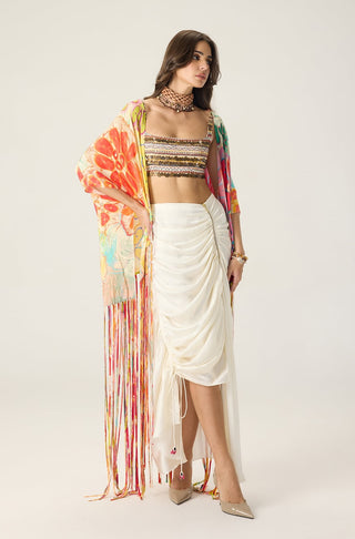 Melanine printed bustier with cape and quincy skirt