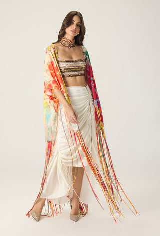 Melanine printed bustier with cape and quincy skirt