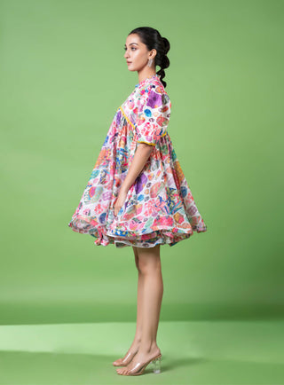 White Block Print Embroidered Doll Dress by Siddhartha Bansal, available on Indiaspopup.com