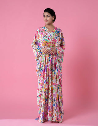 White Block Print Embroidered Kaftan by Siddhartha Bansal, available on Indiaspopup.com