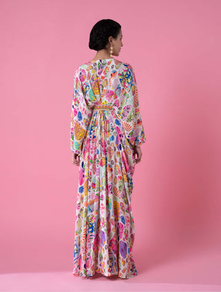 White Block Print Embroidered Kaftan by Siddhartha Bansal, available on Indiaspopup.com