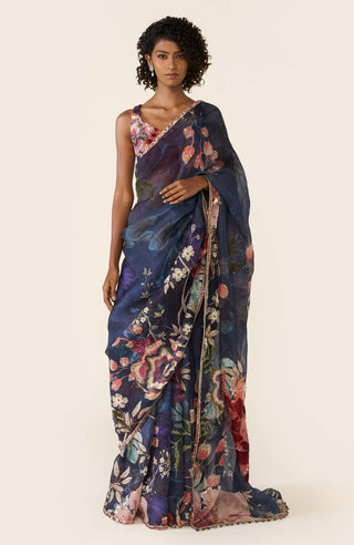 Blue printed classic sari set