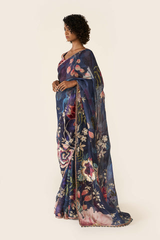 Blue printed classic sari set