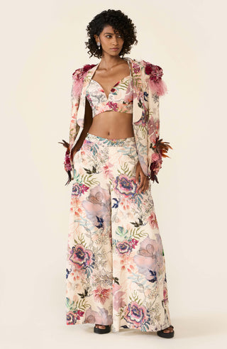 Ivory Printed Short Jacket And Palazzo Set by Varun Bahl available on Indiaspopup.com