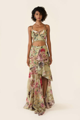 Green printed asymmetric skirt and cape set