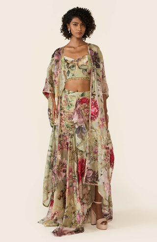 Green printed asymmetric skirt and cape set