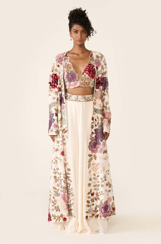 Ivory Embroidered Long Jacket And Palazzo Set by Varun Bahl available on Indiaspopup.com