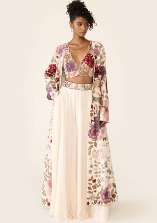 Ivory Embroidered Long Jacket And Palazzo Set by Varun Bahl available on Indiaspopup.com