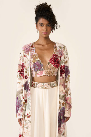 Ivory Embroidered Long Jacket And Palazzo Set by Varun Bahl available on Indiaspopup.com