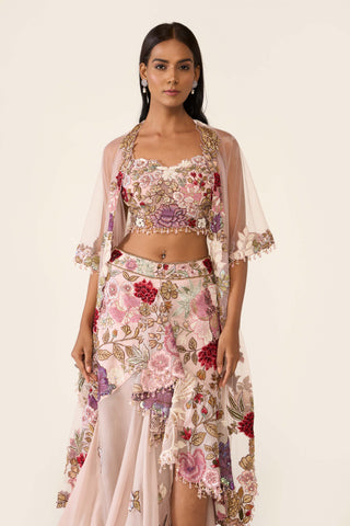 Pink embroidered asymmetric skirt and cape set