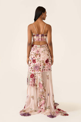 Pink embroidered asymmetric skirt and cape set