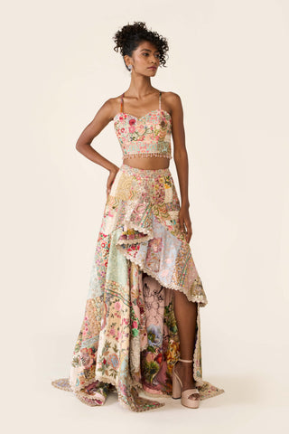 Multicolor patchwork asymmetric skirt and corset