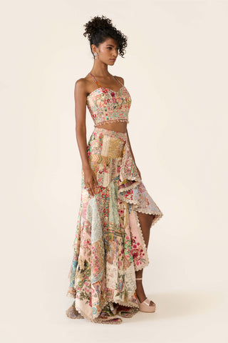 Multicolor patchwork asymmetric skirt and corset