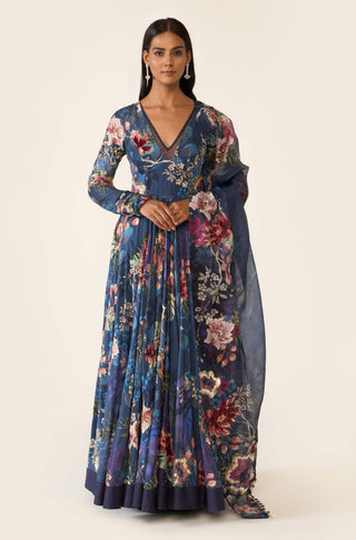 Blue floral printed anarkali set