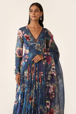 Blue Floral Printed Anarkali Set by Varun Bahl available on Indiaspopup.com