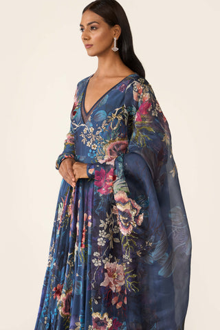 Blue Floral Printed Anarkali Set by Varun Bahl available on Indiaspopup.com