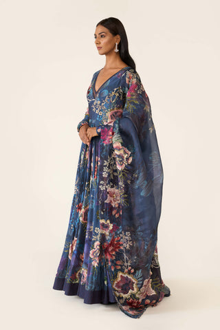 Blue Floral Printed Anarkali Set by Varun Bahl available on Indiaspopup.com