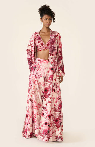 Pink printed long jacket and palazzo set