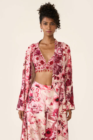 Pink Printed Long Jacket And Palazzo Set by Varun Bahl available on Indiaspopup.com