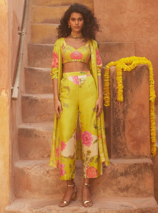 Lime yellow printed jacket and trouser set