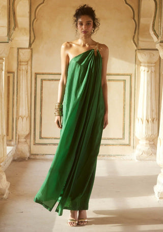 Paulmi & Harsh-Emerald Green One Shoulder Dress-INDIASPOPUP.COM