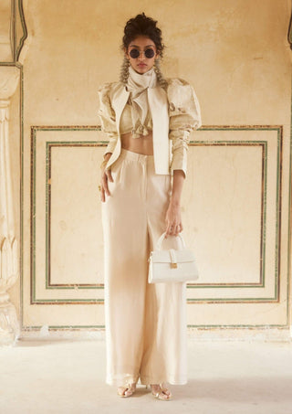 Ivory embroidered jacket and trouser set