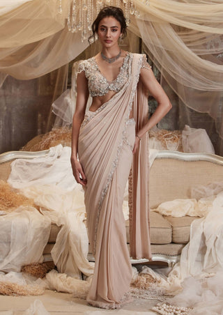 Florence Pink Drape Sari And Blouse by Roqa, available on Indiaspopup.com