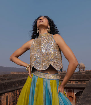 Mist blue scallop top and lehenga set