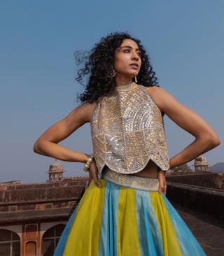 Mist blue scallop top and lehenga set