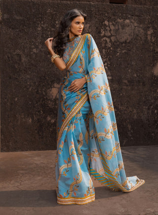 Mist blue printed sari set