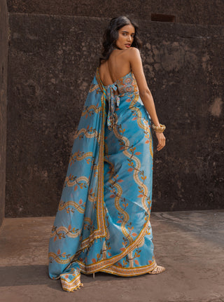 Mist blue printed sari set