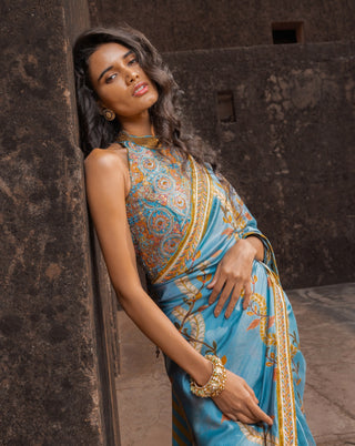 Mist blue printed sari set