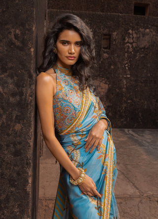 Mist blue printed sari set