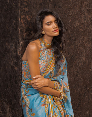 Mist blue printed sari set