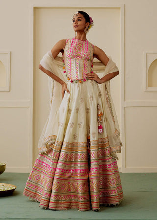 Ivory pastel mirror work fusion lehenga