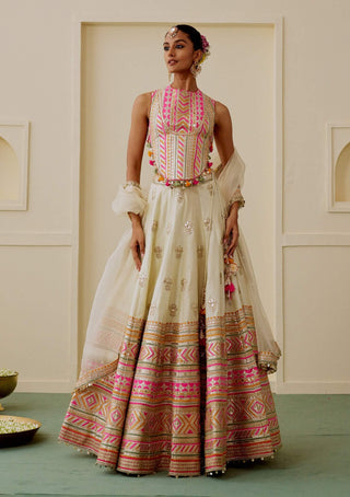 Ivory pastel mirror work fusion lehenga
