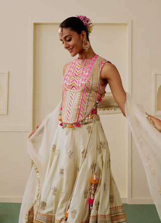 Ivory pastel mirror work fusion lehenga