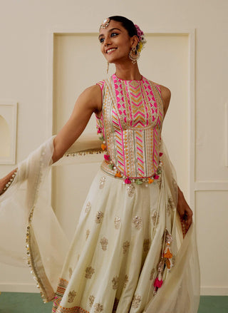 Ivory pastel mirror work fusion lehenga