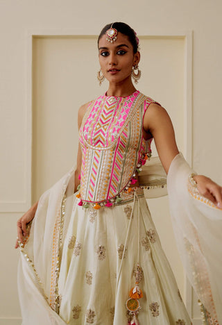 Ivory pastel mirror work fusion lehenga