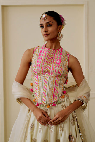 Ivory pastel mirror work fusion lehenga