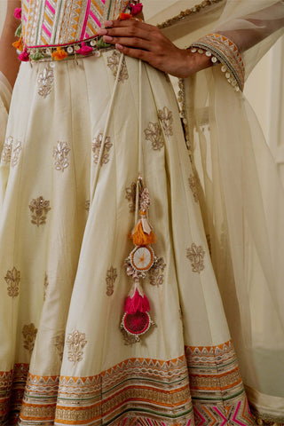 Ivory pastel mirror work fusion lehenga