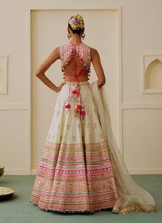 Ivory pastel mirror work fusion lehenga