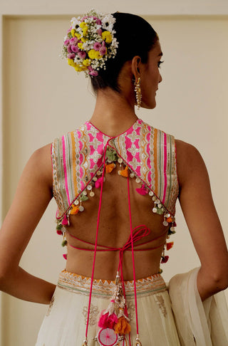 Ivory pastel mirror work fusion lehenga