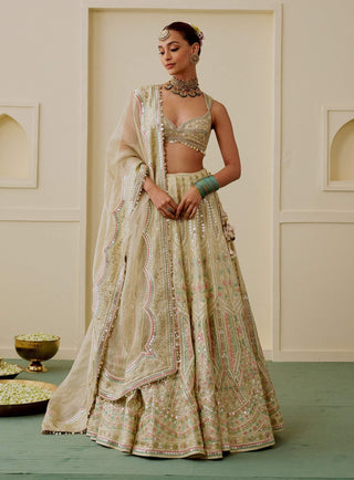 Gold mirror work drop-bead lehenga set