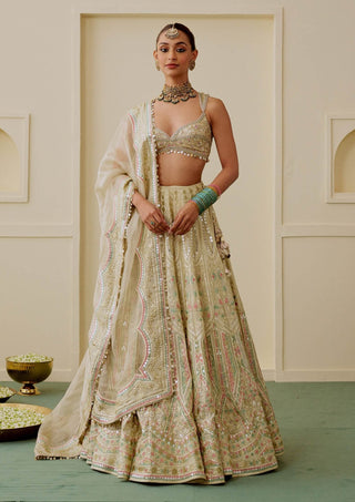 Gold mirror work drop-bead lehenga set